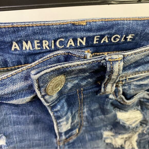 American Eagle Hi Rise Shortie Distressed Blue Denim Cut Off Shorts Size 0 - Picture 3 of 5
